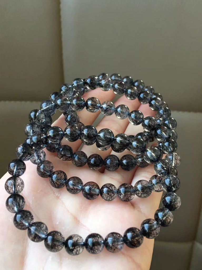 Natural Black Rutilated Quartz Crystal Bracelet Woman Man 7mm 8mm 9mm Wealthy Rutilated Round Beads Fashion Reiki Bangle AAAA - luckacco