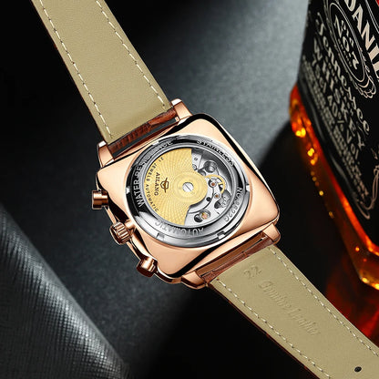Luckacco AILANG Fashion Green Big Dial Square Mechanical Watch for Men Leather Strap Waterproof Tourbillon Watches Mens Relogio Masculino