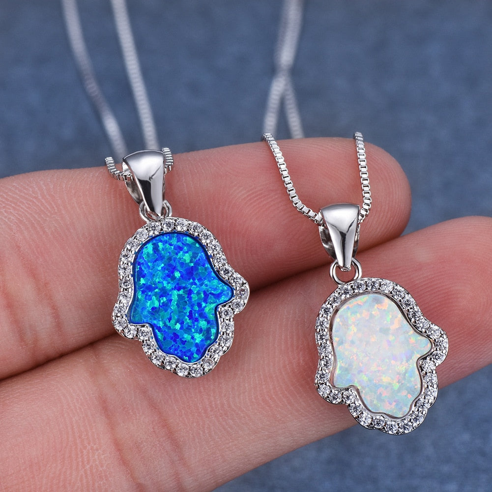 White Blue Opal Hand Of Fatima Hamsa Pendant Necklace Luxury Female Silver Color Box Chains Necklace Crystal Jewelry Best Gift - luckacco