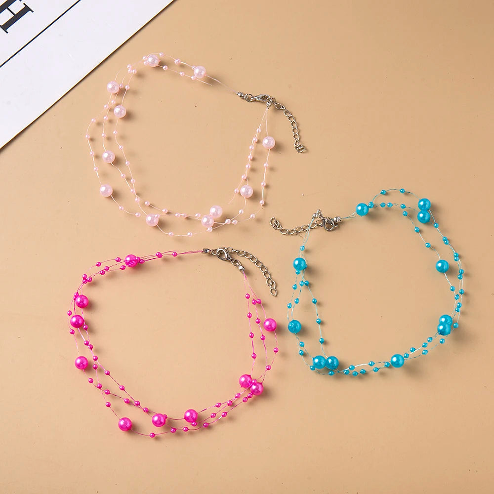 luckacco elegant multilayer pearl choker necklace vintage flower butterfly acrylic chain necklace for women fashion wedding jewelry gift