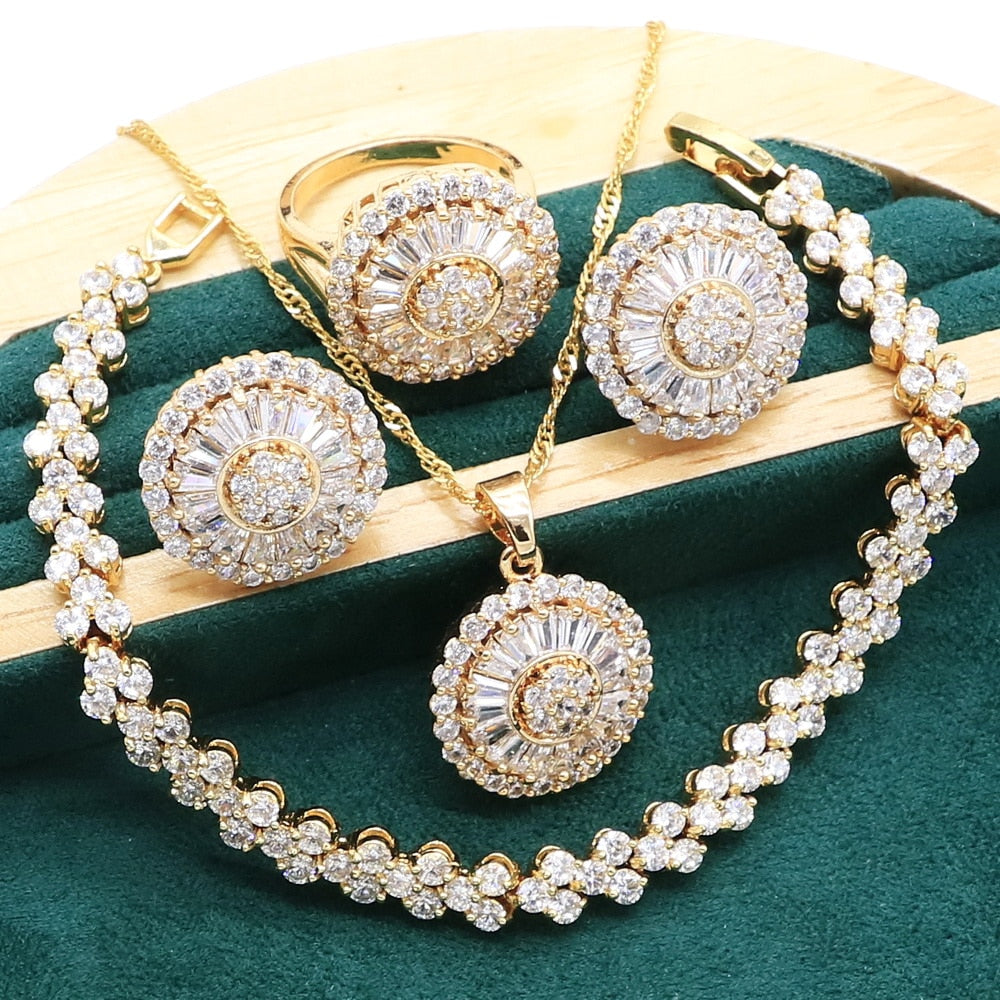 New Arrivals Gold Color Jewelry Sets For Women Wedding White Red Crystal Bracelet Earrings Necklace pendant Ring Christmas Gift - luckacco