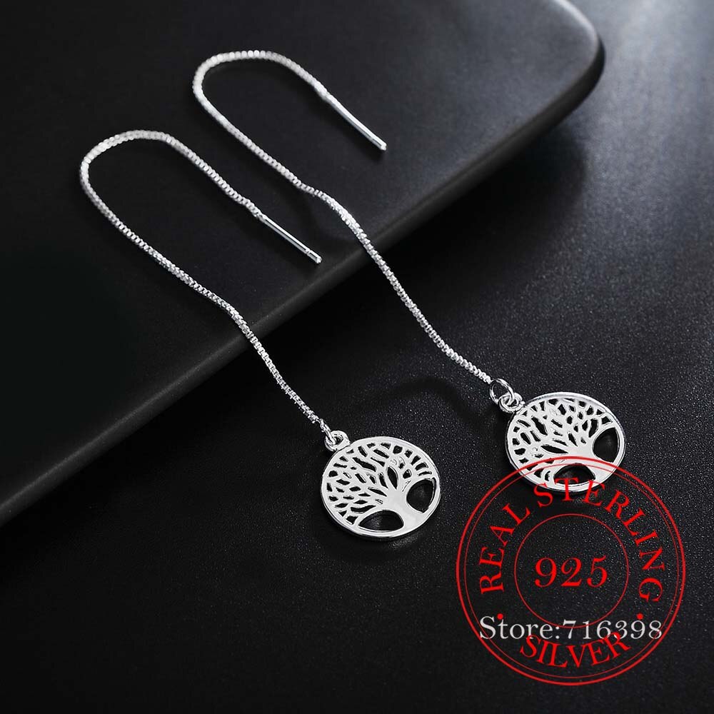 925 Sterling Silver Earring Korean Long Tassel Vintage Tree Of Life Dangle Earrings For Women 2020 Engagement Wedding Jewelry - luckacco