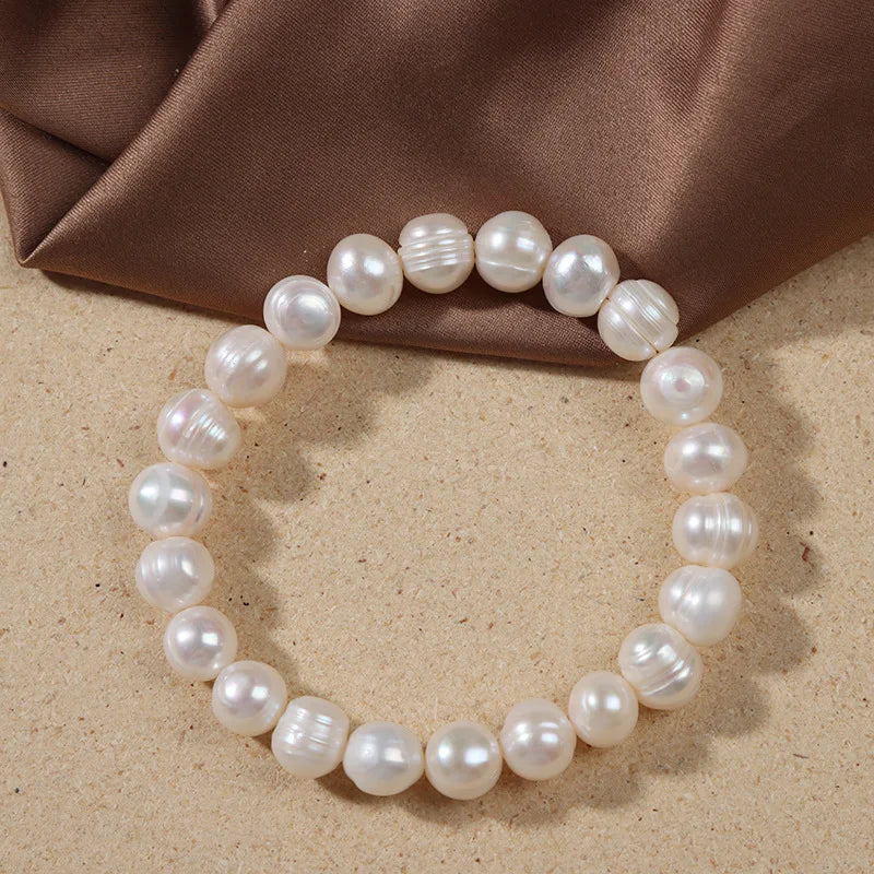 luckacco elegant natural freshwater pearl bracelets for women white baroque pearl charm elastic bangle fine jewelry wedding party 8-9mm