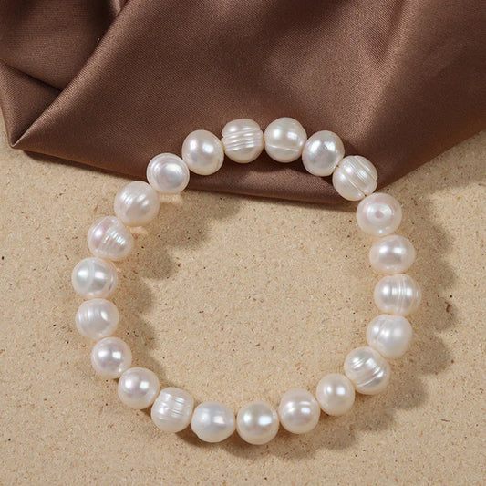 Luckacco Elegant Natural Freshwater Pearl Bracelets for Women White Baroque Pearl Charm Elastic Bangle Fine Jewelry Wedding Party 8-9mm