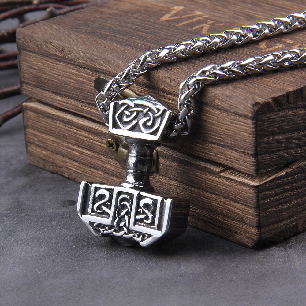 Stainless Steel Thor's Hammer Necklace Viking Necklace with Celtic-knot  For Men Jewelry Talisman with wooden box as gift - luckacco