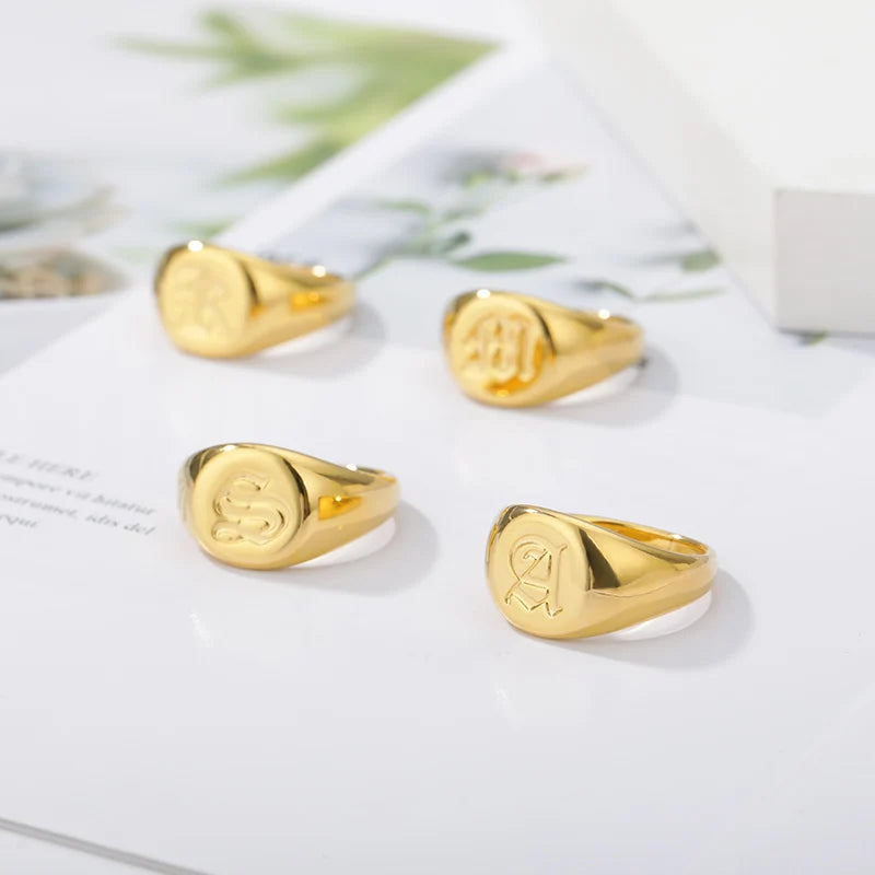 luckacco gothic a-z initial signet rings for women men wedding statement anillos best friend party gift jewelry