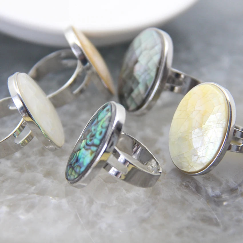 luckacco natural beautiful abalone shell adjustable rings, pearl classic round shape rings,finger rings reiki heal geode rings jewelry