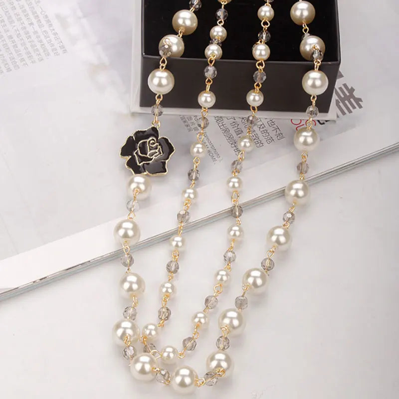 luckacco korean camellia double layerd sweater long chain pearl necklace pendant jewelry for women party