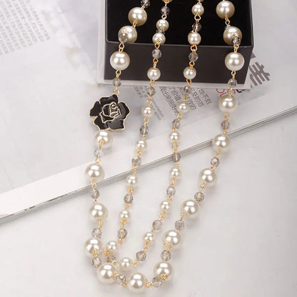 Luckacco korean Camellia double layerd sweater long chain pearl necklace pendant jewelry for women party