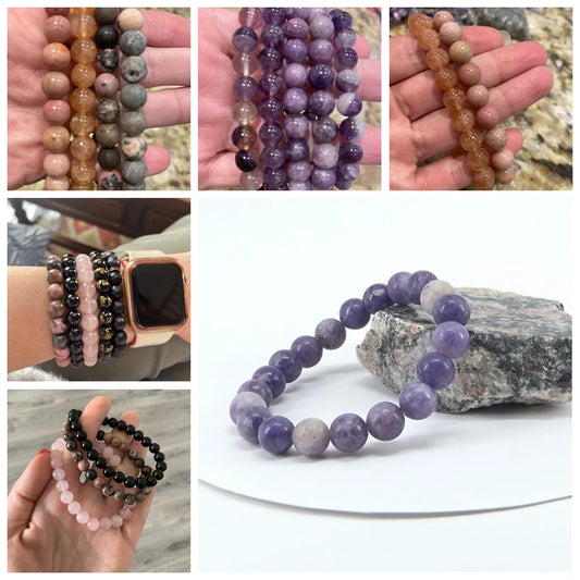 Luckacco Fashion Natural Stone Pink Angelite Beads Bracelet 8mm Sunstone Beaded Energy Yoga Bracelet Jewelry for Women Handmade Gifts