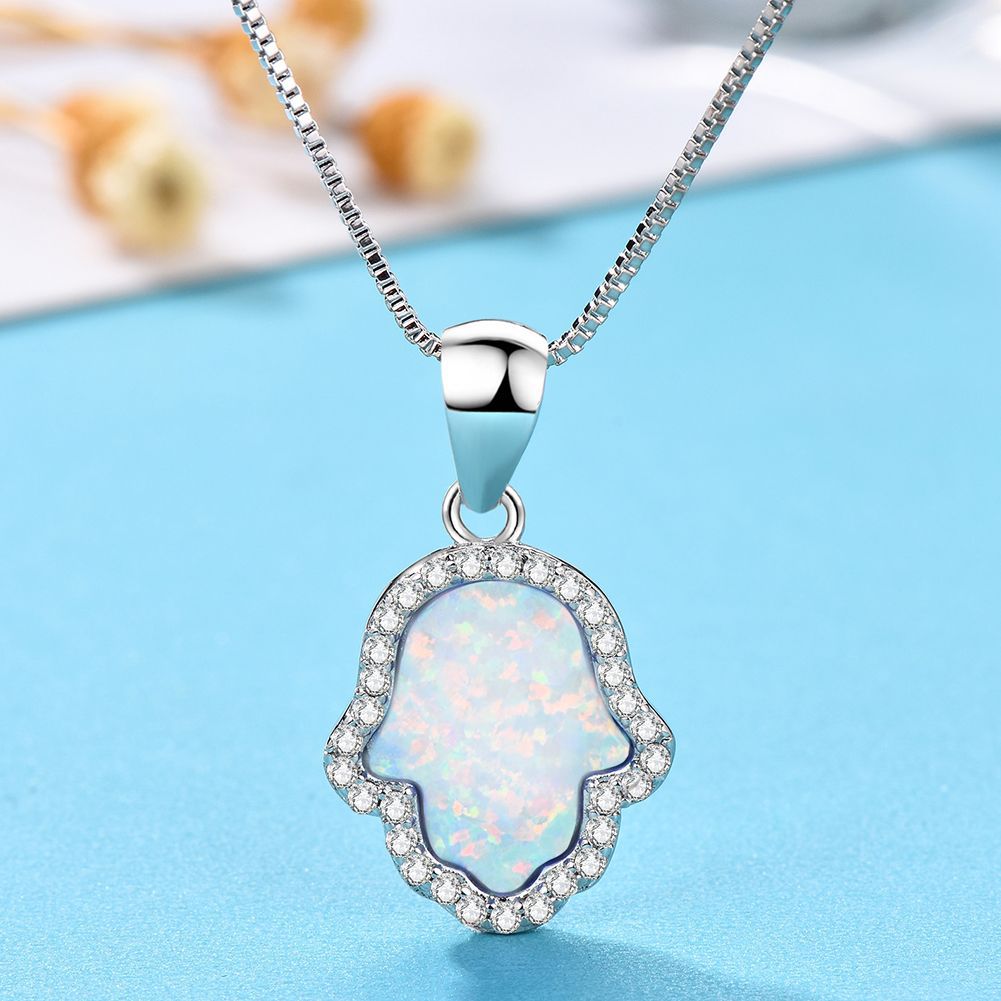 White Blue Opal Hand Of Fatima Hamsa Pendant Necklace Luxury Female Silver Color Box Chains Necklace Crystal Jewelry Best Gift - luckacco