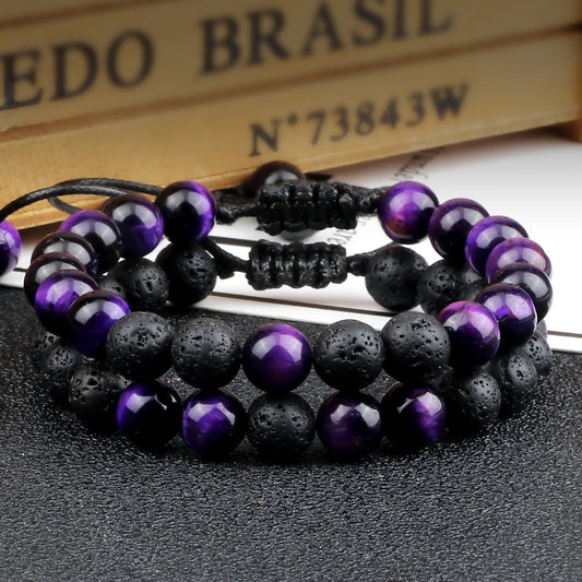 Luckacco High Quality Purple Tiger Eye Lava Beads Bracelet Women Natural Stone Healing Buddha Adjustable Bangles Jewelry Gift for Friend