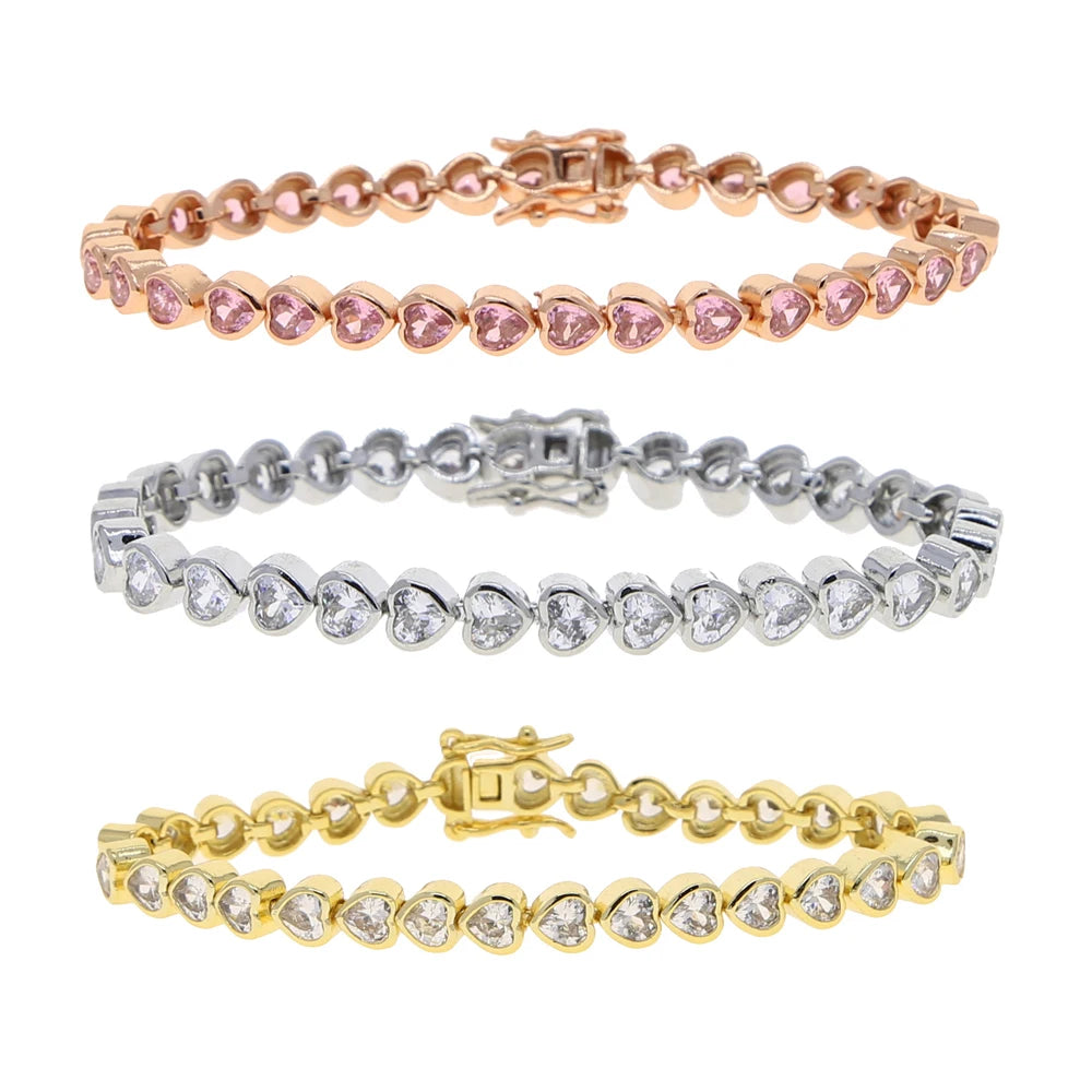 luckacco 2025 new iced out aaa cubic zirconia heart tennis chain bracelet silver color cz charm chain bracelet hip hop jewelry for women