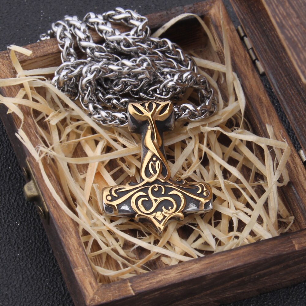 Never Fade Mix Gold color thor's hammer mjolnir necklace viking scandinavian norse viking necklace Men Stainless Steel gift - luckacco