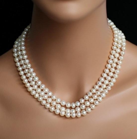 Unique Pearls jewellery Store 3 rows White Round Genuine Freshwater Pearl Necklace Charming Women Jewelry - luckacco
