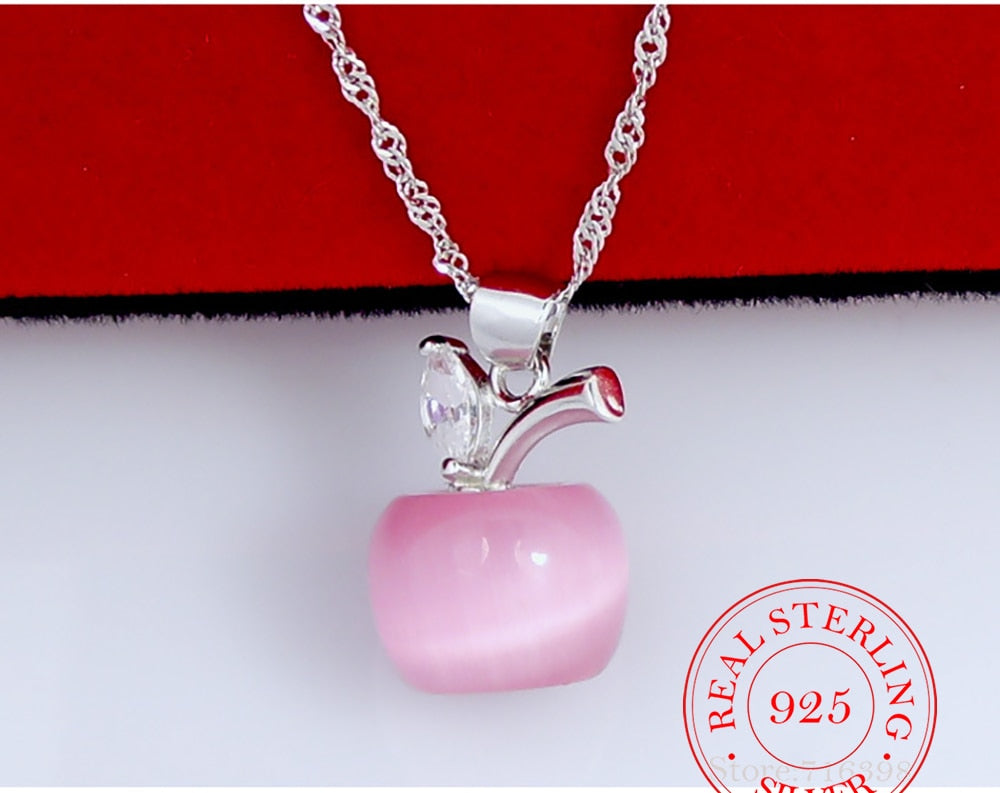 925 Sterling Silver Opal Apple Pendant Necklace Pink/White Moonstone Necklaces & Pendants For Women Wedding Gift Drop Shipping - luckacco