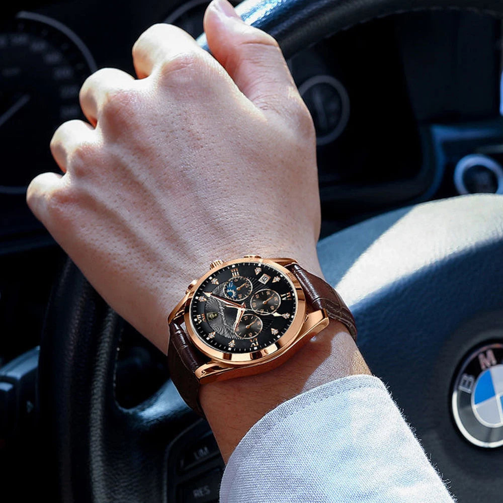 luckacco poedagar men watch new top brand luxury waterproof luminous sport wristwatch quartz military genuine leather relogio masculino