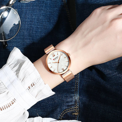 Luckacco Golden Wristwatch Mesh Ladies Watches Luxury Brand CURREN Elegant Simple Quartz Watch Women's Bracelet Clock Female Reloj mujer