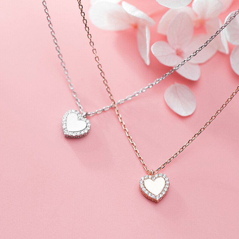 925 Sterling Silver Necklace Rose Gold Heart Pendant Female Glossy Rhinestone Fashion Jewelry For Women Valentine's Day Gift 1PC - luckacco