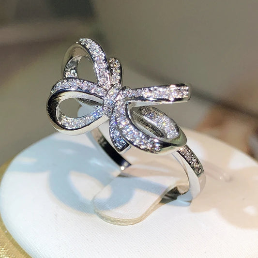 Luckacco 925 Sterling Silver Classic Big Bow Bow Bow Zircon Ring For Ladies Fashion Birthday Wedding Engagement Jewelry Gift
