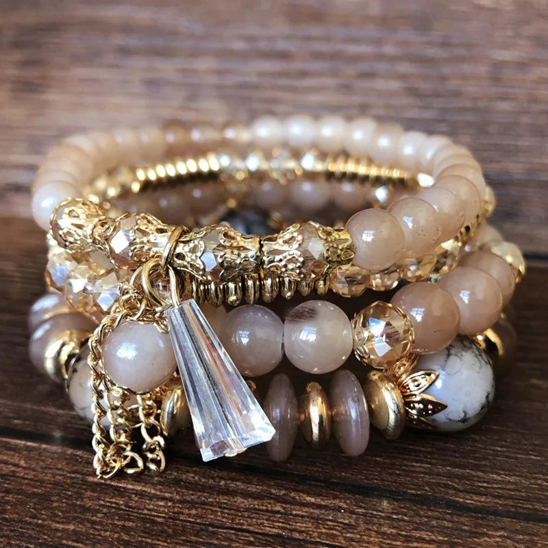 luckacco bohemian 4pcs crystal multi-layer beaded bracelet for women sweet girls colorful round shape jewelry friendship  gifts