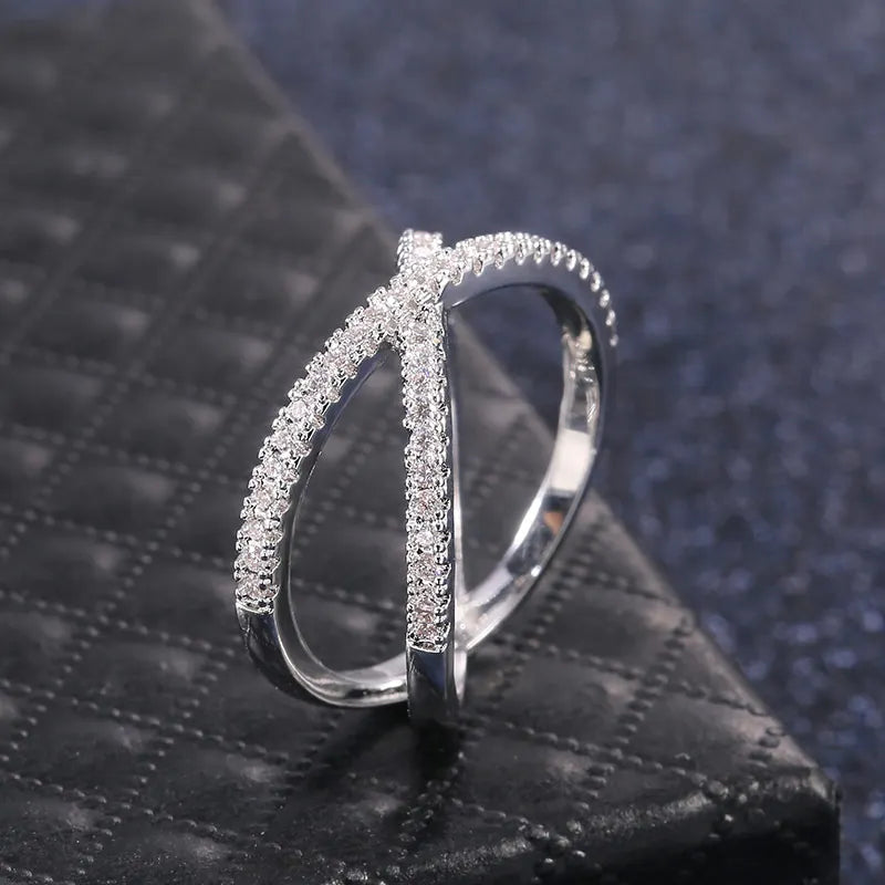 luckacco daily picks luxury cross x shape women engagement ring full paved cz stone silver color elegant simple female jewelry ring hot sale