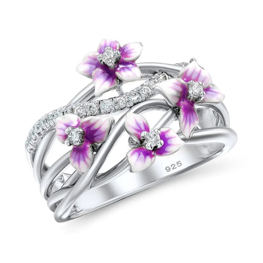 Luckacco Authentic 925 Sterling Silver Stackable Violet Drop Glue Ring Daisies Flower Zircon Finger Ring for Women Jewelry Gift Bijoux