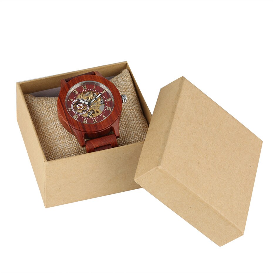 Brown/Red Full Wooden Men Watch Mechanical Self-Winding Wood Wristwatch Luxury Roman Numerals Display Male Automatic Timepiece - luckacco