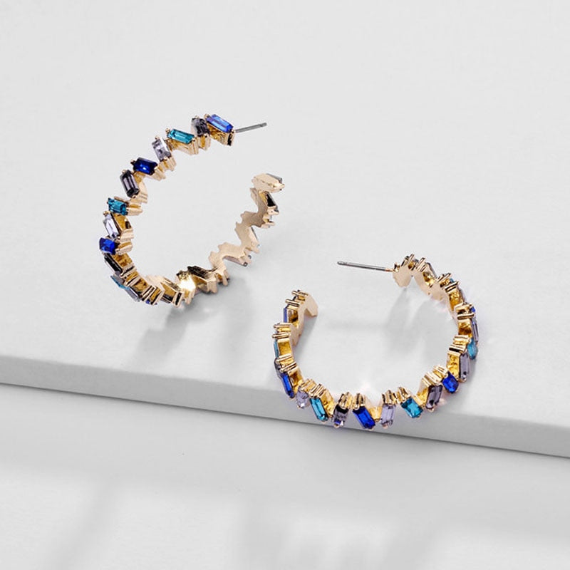 Fashion Ear Jewelry Rainbow Colorful Crystal Earring ZigZag Big Hoop Earrings for Women - luckacco