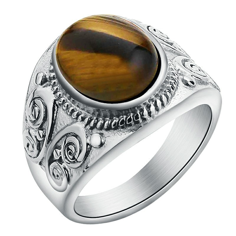 Valily Jewelry Simple Oval Tiger eye Silver Ring For Men Stainless Steel Trendy Red CZ Gold Wedding band Rings Women Jewelry - luckacco