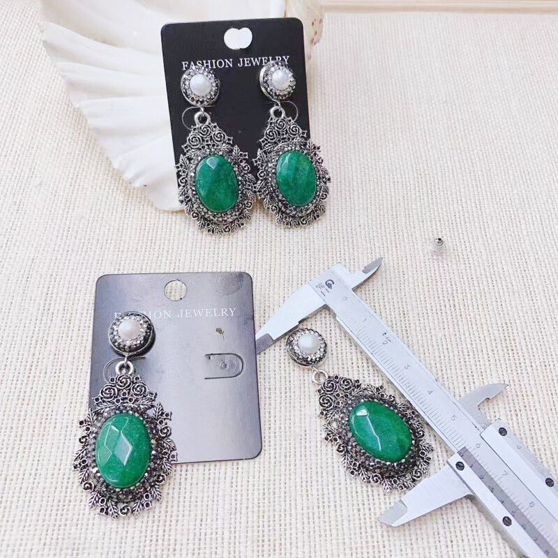 Classic vintage Fashion Natural Pearl Earring Rose Green Jade Dangle Earring 2Pair Tibetan Silver China Style Woman Earring - luckacco