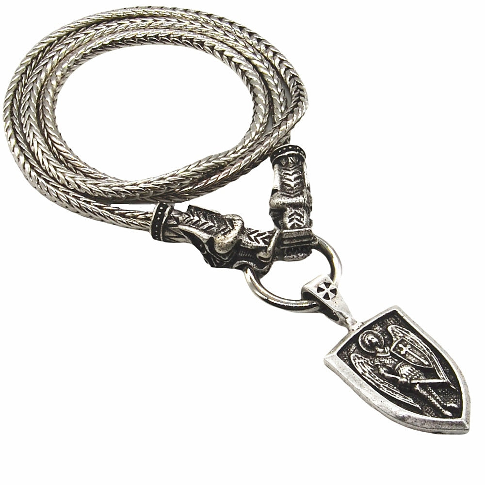 Nostalgia Archangel Michael Protect Us Saint Shield Pendant Wolf Head Amulet Talisman Metal Chain Viking Necklace Accessoires - luckacco