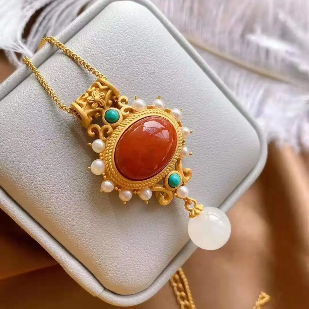 Natural South Red Agate  S925 silver inlaid  pearl turquoise pendant necklace niche light luxury charm female brand jewelry set