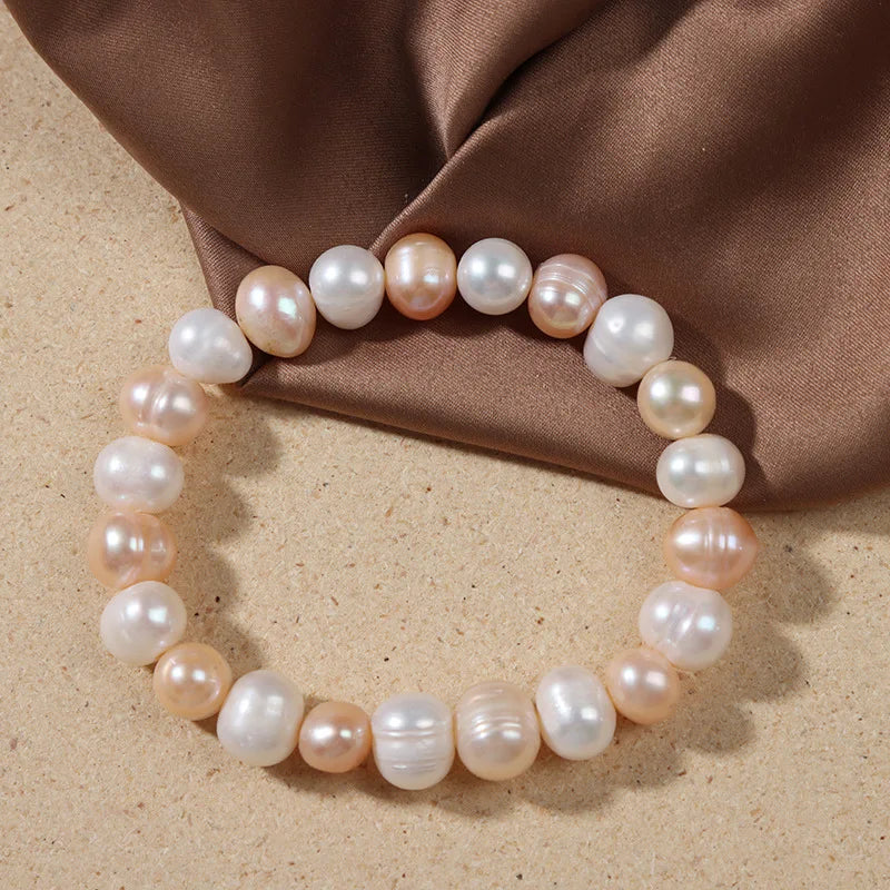 luckacco elegant natural freshwater pearl bracelets for women white baroque pearl charm elastic bangle fine jewelry wedding party 8-9mm