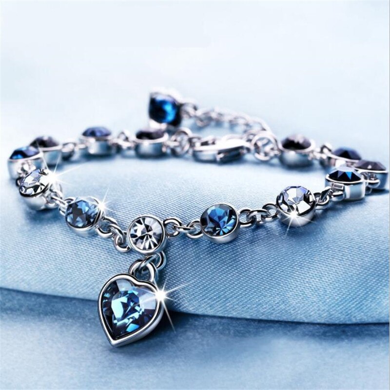 Luxury Heart-Shaped Chain Bracelet Charming Women's Wedding Party Blue Crystal Bracelet Jewelry Gift For The New Year Accesories - luckacco