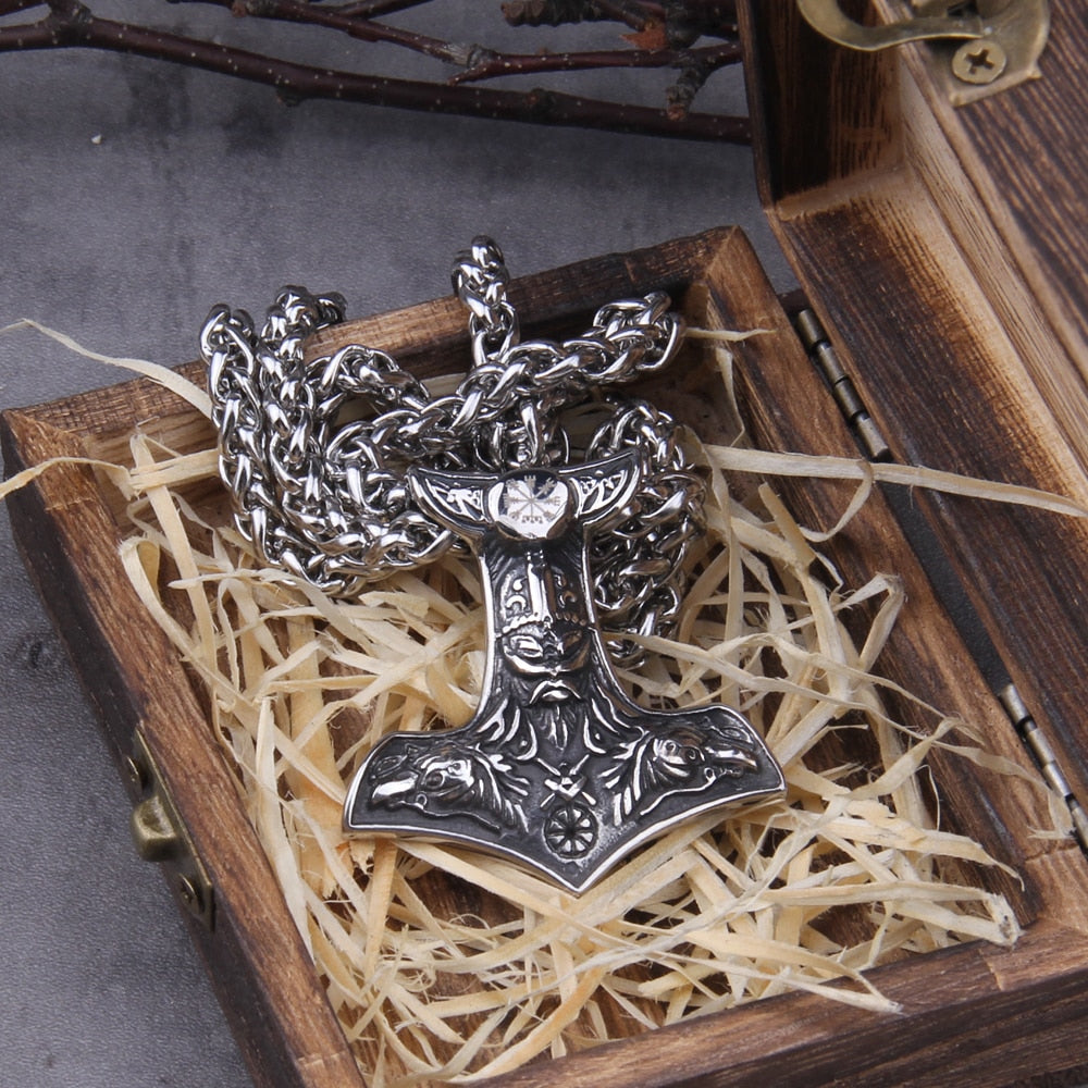 Stainless Steel Nordic Odin with raven necklace thor hammer viking necklace with wooden box as gift - luckacco