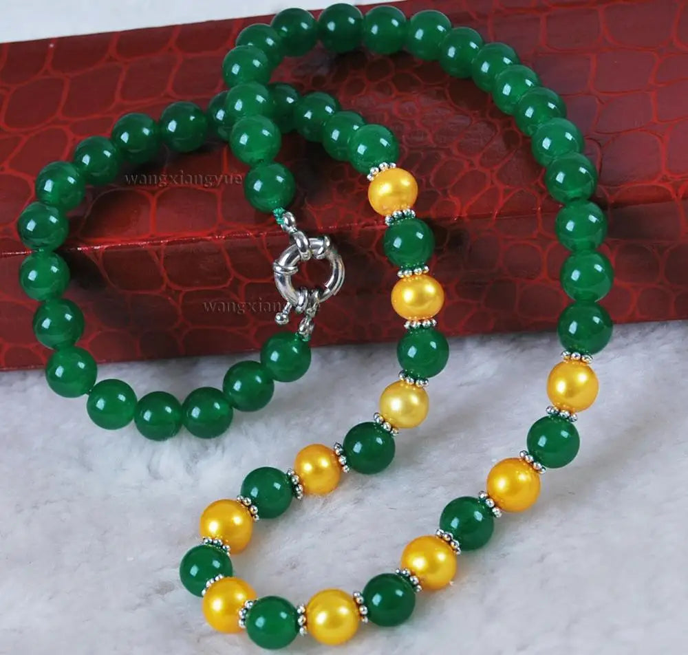 Golden Akoya Cultured Pearl/Green Jade Round Beads Gemstones necklace 18"