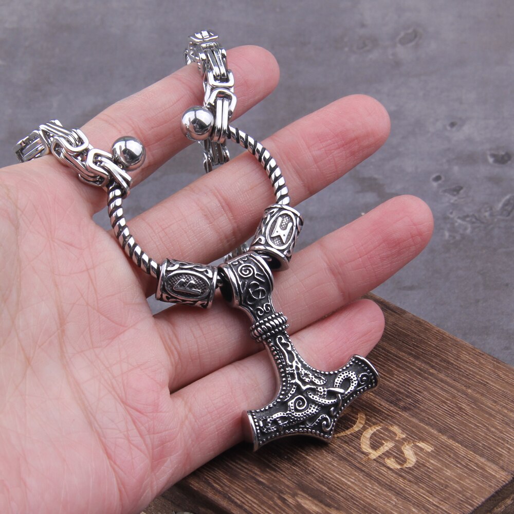 Stainless Steel king chain with rune beads and thor's hammer mjolnir viking necklace  with wooden box as boyfriend gift - luckacco