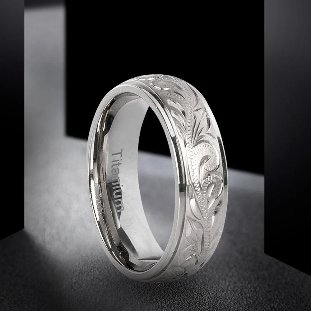 luckacco g23 titanium wedding rings with hand floral engraved,wedding band cz bezzel setting, engagement anniversary ring comfort fit