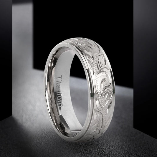 Luckacco G23 Titanium Wedding Rings with Hand Floral Engraved,Wedding Band CZ Bezzel Setting, Engagement Anniversary Ring Comfort Fit