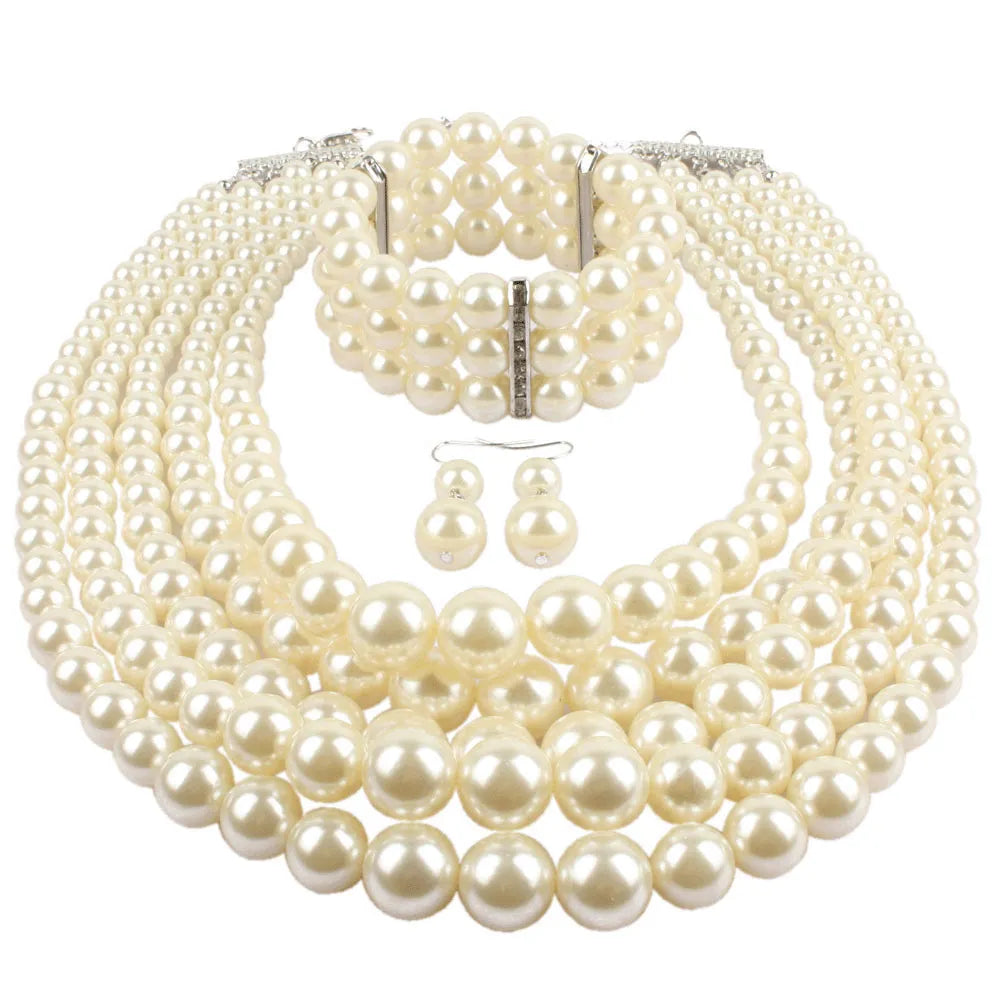 European and American Cross-border Explosion Models Exaggerated Imitation Pearl Set Multi-layer Pearl Necklac Beaded Three-piece
