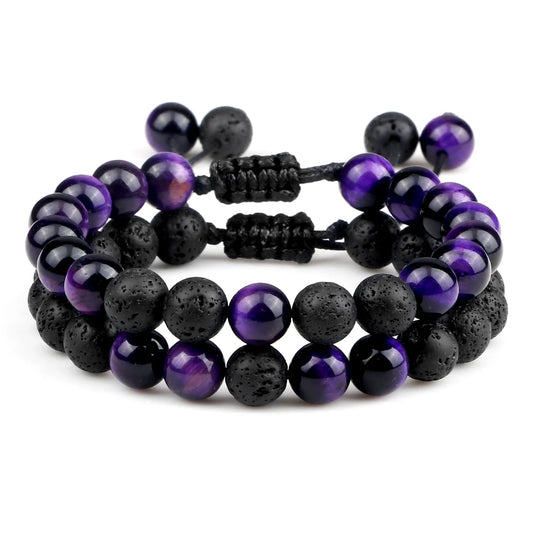 Luckacco High Quality Purple Tiger Eye Lava Beads Bracelet Women Natural Stone Healing Buddha Adjustable Bangles Jewelry Gift for Friend