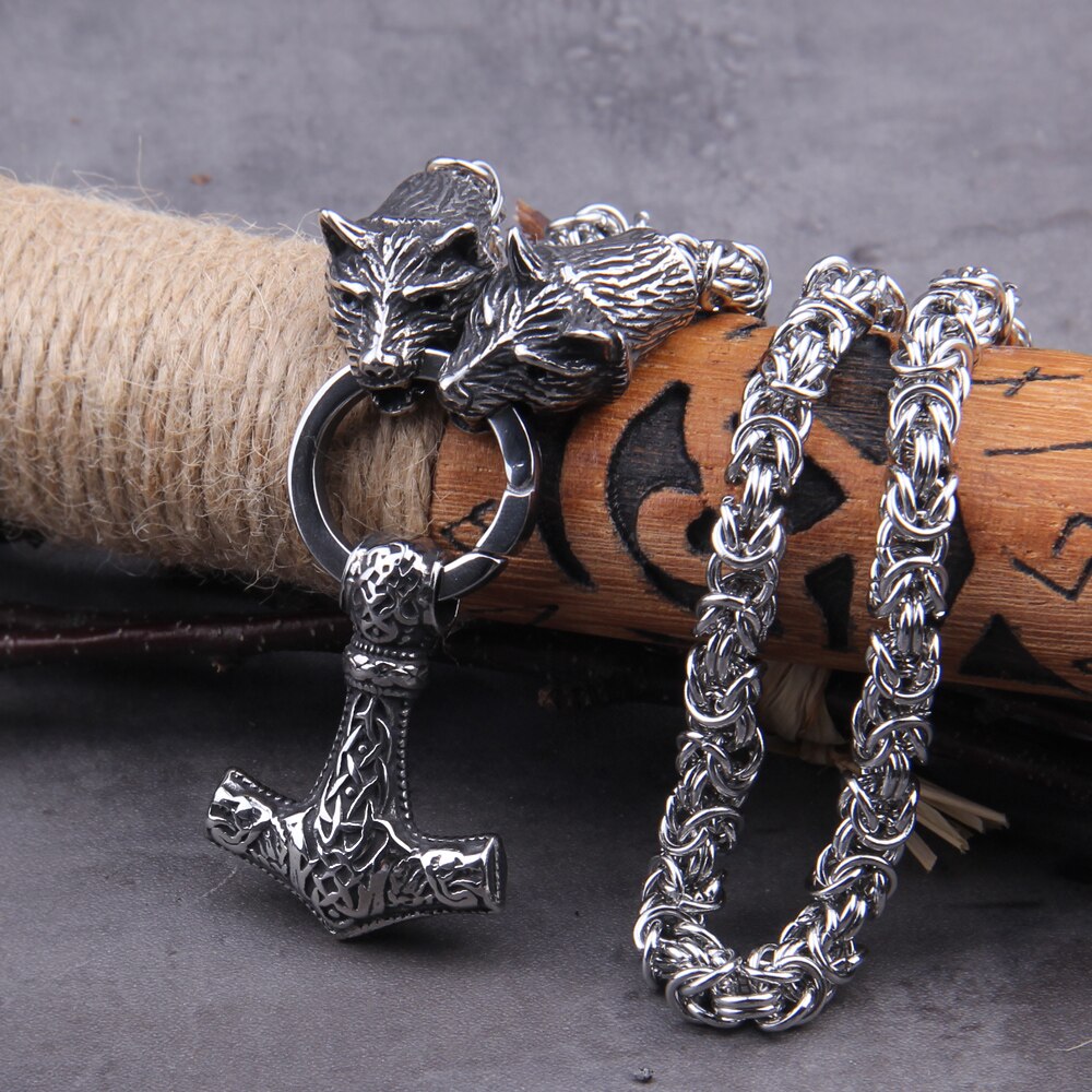 Stainless Steel Wolf Head with Handmade Chain Necklace thor's hammer mjolnir viking necklace  with wooden box as boyfriend gift - luckacco