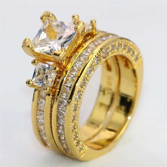 Luckacco Charm Gold-Color Couple Rings - Men's Stainless Steel Dragon Pattern Rings Women's White Zircon Ring Set Bridal Wedding Jewelry