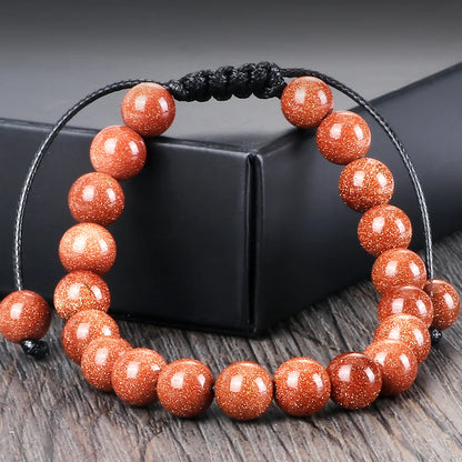 Luckacco Blue Sandstone Beads Bracelet for Women Men Goldstone Quartz Round Beads Bracelet Handmade Adjustable Rope Shining Wrist Jewelry