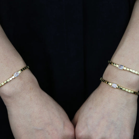 Luckacco Simple Fashion Women Girl Jewelry Single Clear Rectangle Cubic Zirconia Gold Color Square Bead Tennis Chain Bracelet