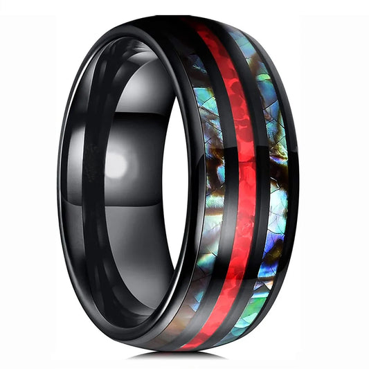 Luckacco Fashion 8mm Men Stainless Steel Rings Inlay Meteorite Abalone Shell Rings For Men Women Wedding Engagement Band Jewelry Gift