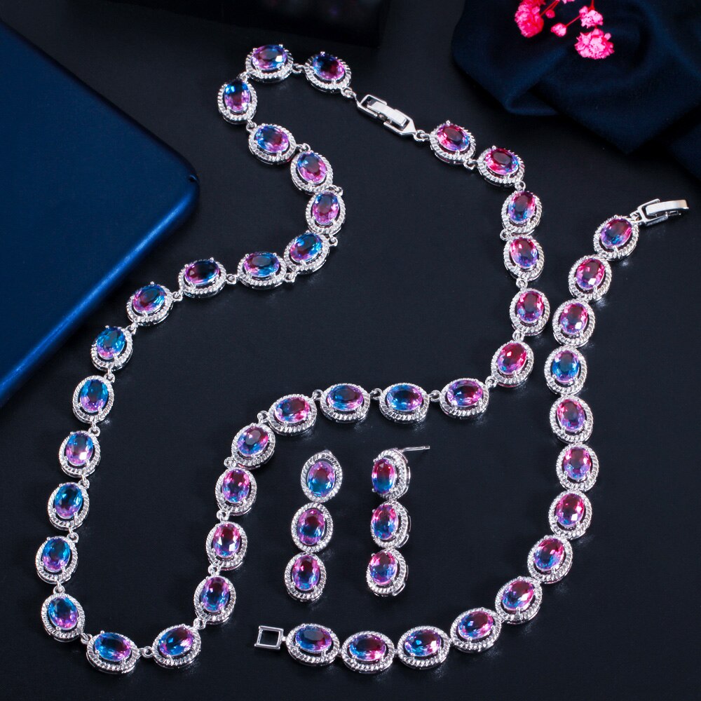 CWWZircons Charming Mystic Fire Rainbow CZ Crystal Earring Necklace Bracelet 3 Pcs Women Party Wedding Costume Jewelry Sets T537 - luckacco