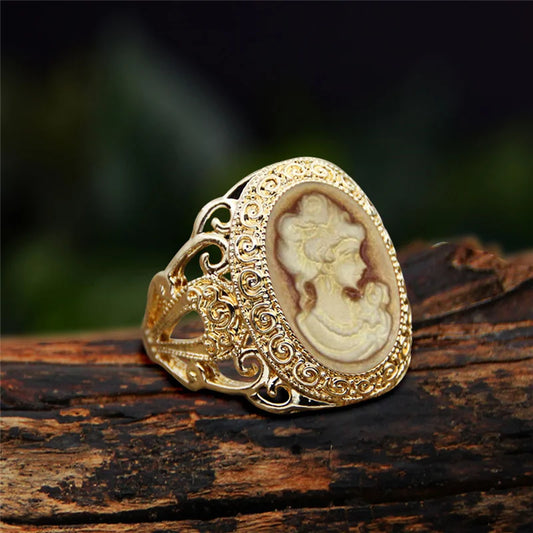 Luckacco 6 Colors Lady Queen Cameo Rings For Women Gold Color Pink Blue Gray Fashion Hollow Flower Lady Cameo Ring