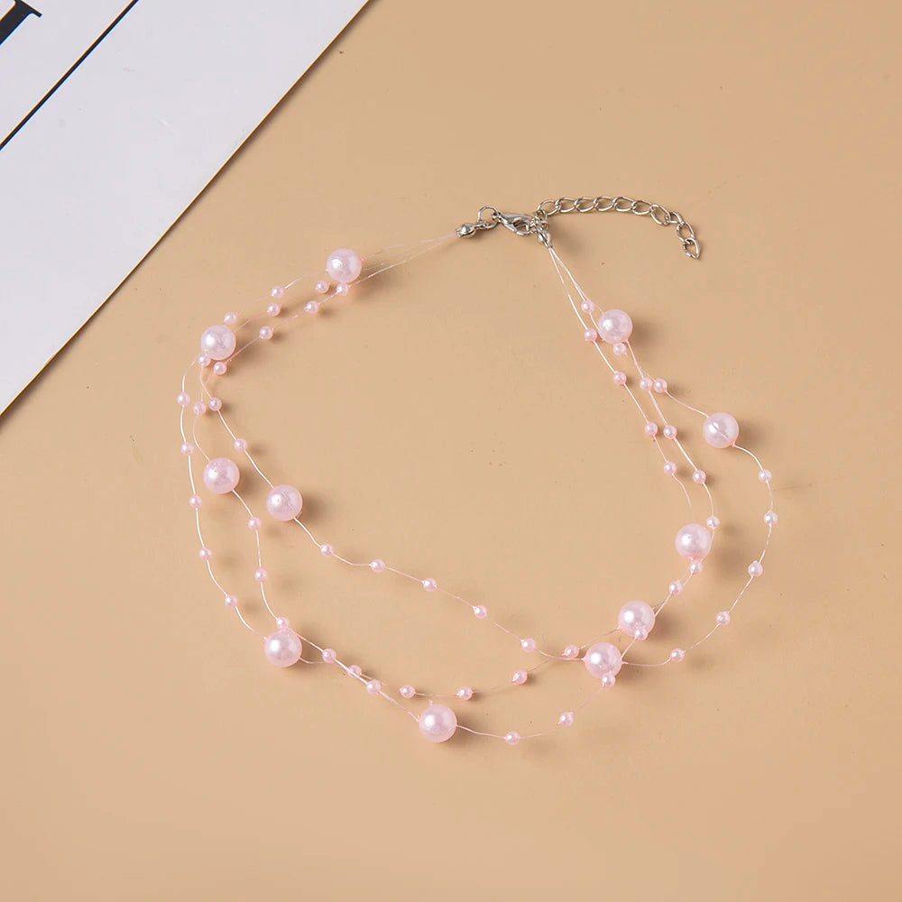 luckacco elegant multilayer pearl choker necklace vintage flower butterfly acrylic chain necklace for women fashion wedding jewelry gift